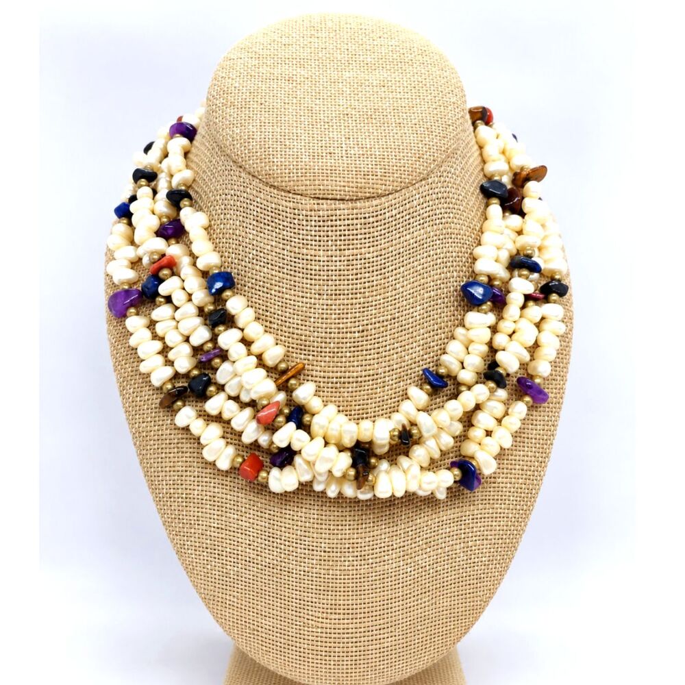 Vintage Faux Pearl Necklace Multi Strand Gemstone Chip Collar Statement